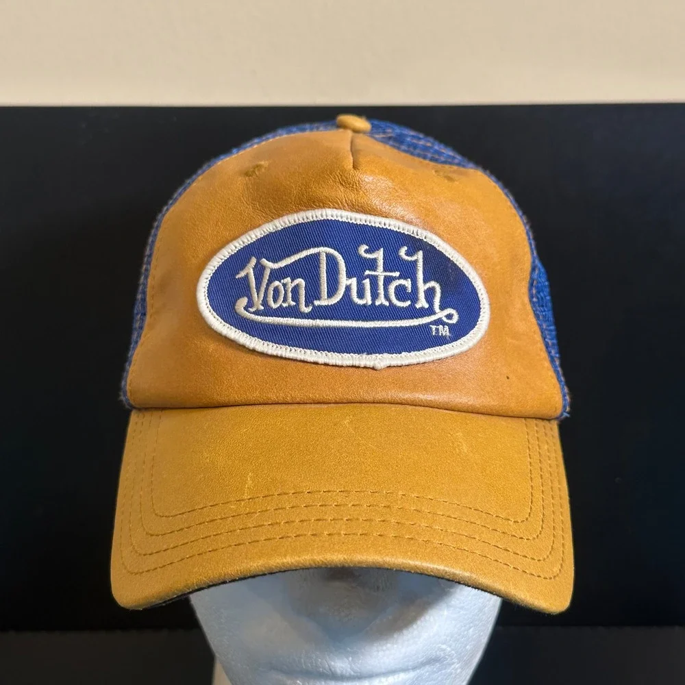 Von Dutch Trucker Hat Tan Leather Blue Mesh Snapback Y2K Logo Cap Mens